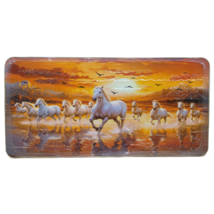 Canvas Big Size 7 Horses Vastu Frame Wall Art Painting, White Running Horses On Water Painting Vastu Rising Sun Wall Decor, Multicolor, Nature, 23 H X 47 L Inchs, Set of 1