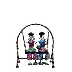 Rajasthani Home Decor Swing Set with 2 Dolls, 30 CM Metal Handicraft Jhula Decorative Showpiece for Living Room, Center Table, Multicolour