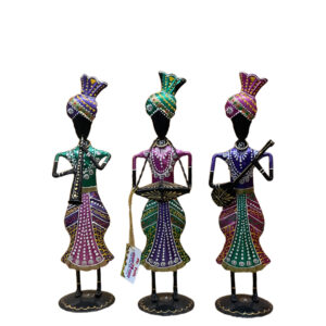 Rajasthani Musician Instrument Tribal Man Figurine Playing Banjo, Dholak, Trumpet Metal Table Decorative Showpiece Statue for Home