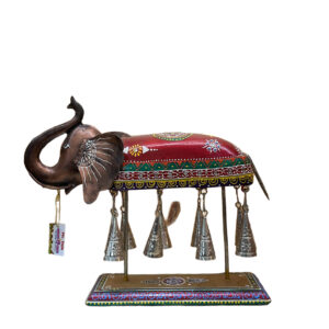 Handcrafted Wooden & Iron Elephant Sculpture with Bell, Multicolor Table Decor Showpiece Unique Home Accent, Artistic Craftsmanship, Ethnic Indian Design