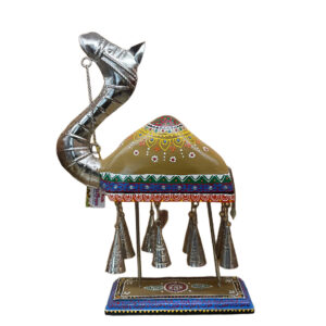 ArtistryBazaar 20"L x 8"W x 37"H Cm handmade wooden horse display, ethnic flair with bold patterns, metallic silver accents, and decorative bells, perfect for home decor, festive themes, or unique gifting.