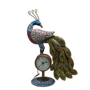 Handcrafted Indian Peacock Table Clock: Wrought Iron Figurine Decor