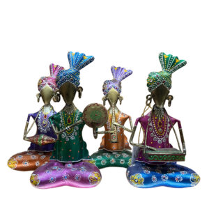 Iron Musician Figurines, Traditional Maratha Attire, Decorative Colorful Miniatures, Set of 4, Indian Cultural Art Pieces